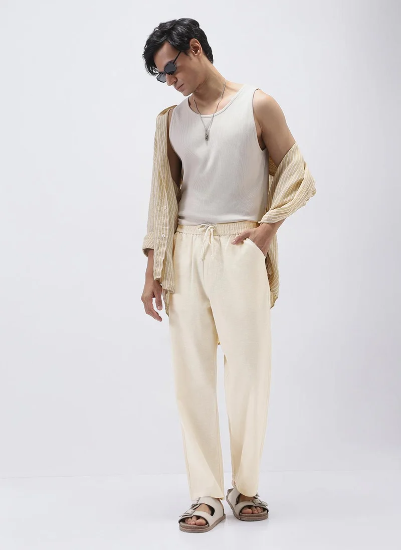 Urbano Fashion  Urbano Fashion Men's Cream Loose Fit Solid Linen Blend Trousers Non-Stretchable for Men | Best Price UAE